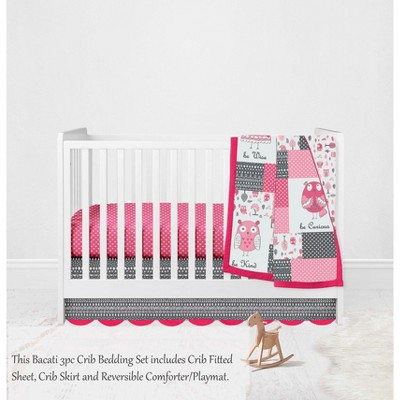 Bacati - Owls in the Woods Pink Fuschia Gray 3 pc Crib Bedding Set