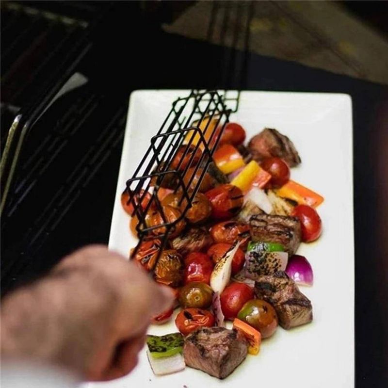 Outset Non-Stick Carbon Steel Kabob Grill Basket with Hardwood Handle Set of 4 - Black, 5 of 7