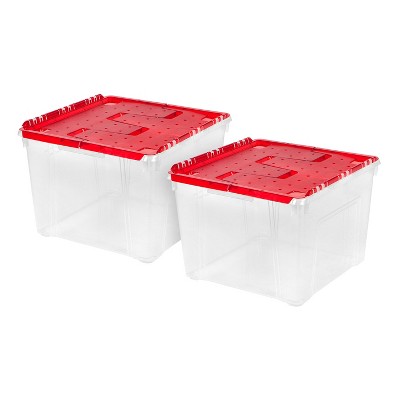 IRIS USA 60 Quart Holiday Wing-Lid Box with Ornament Dividers, 2 Pack, Red