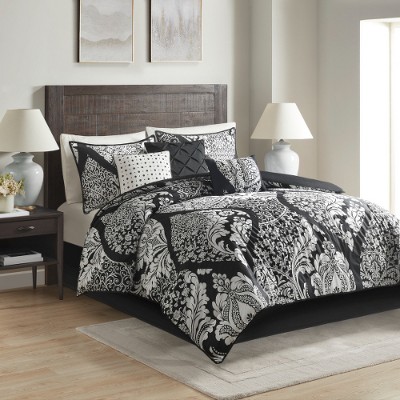 Lyngins 7-Piece Cotton Sateen Comforter Set – Intricate Damask Print, Reversible Solid Design, Hypoallergenic, Oeko-Tex Certified, Queen Bedding Set