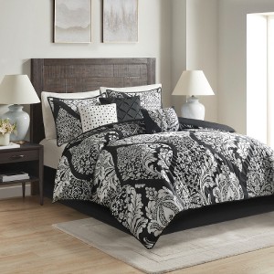 Lyngins 7-Piece Cotton Sateen Comforter Set – Intricate Damask Print, Reversible Solid Design, Hypoallergenic, Oeko-Tex Certified, Queen Bedding Set - 1 of 4