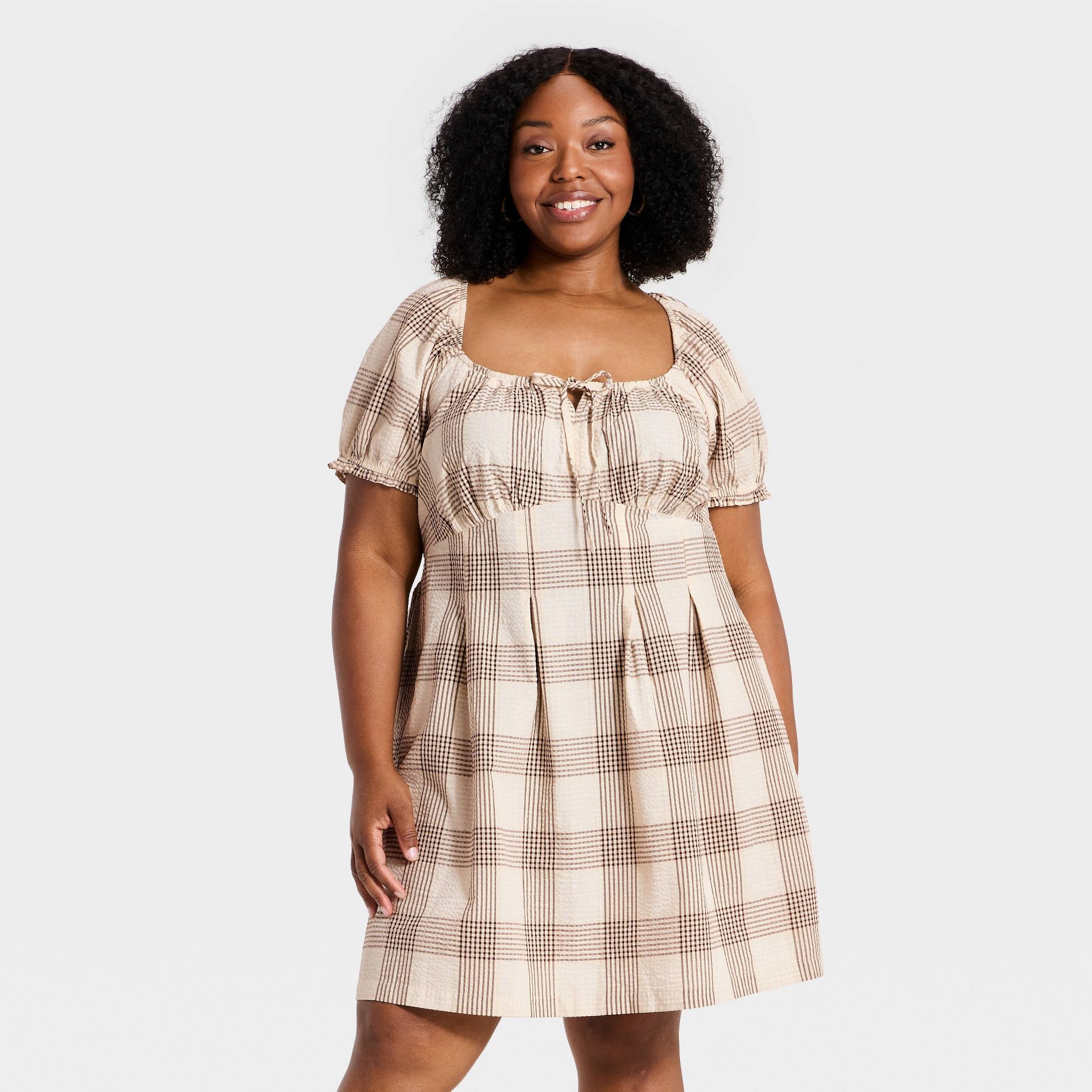 Women's Plus Short Sleeve Front Tie Plaid Mini Dress - Ava & Viv™ Brown XXL