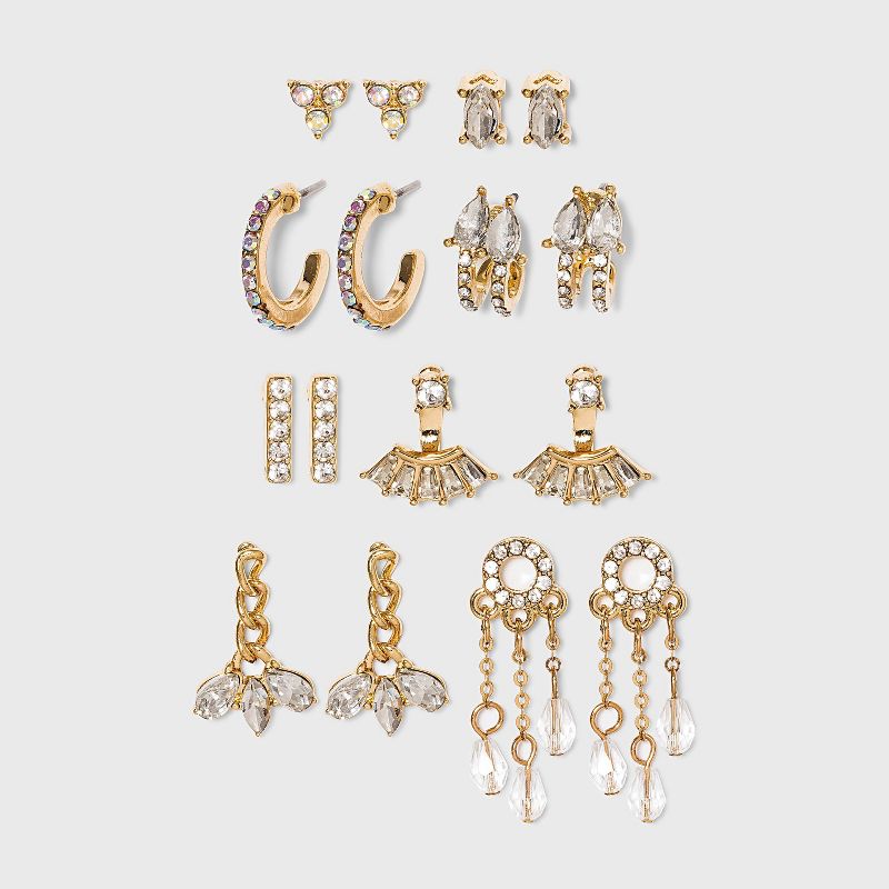 Crystal Mini Cuffs Hoops and Stud Earring Set 8pc - A New Day&#8482; Gold, 1 of 3