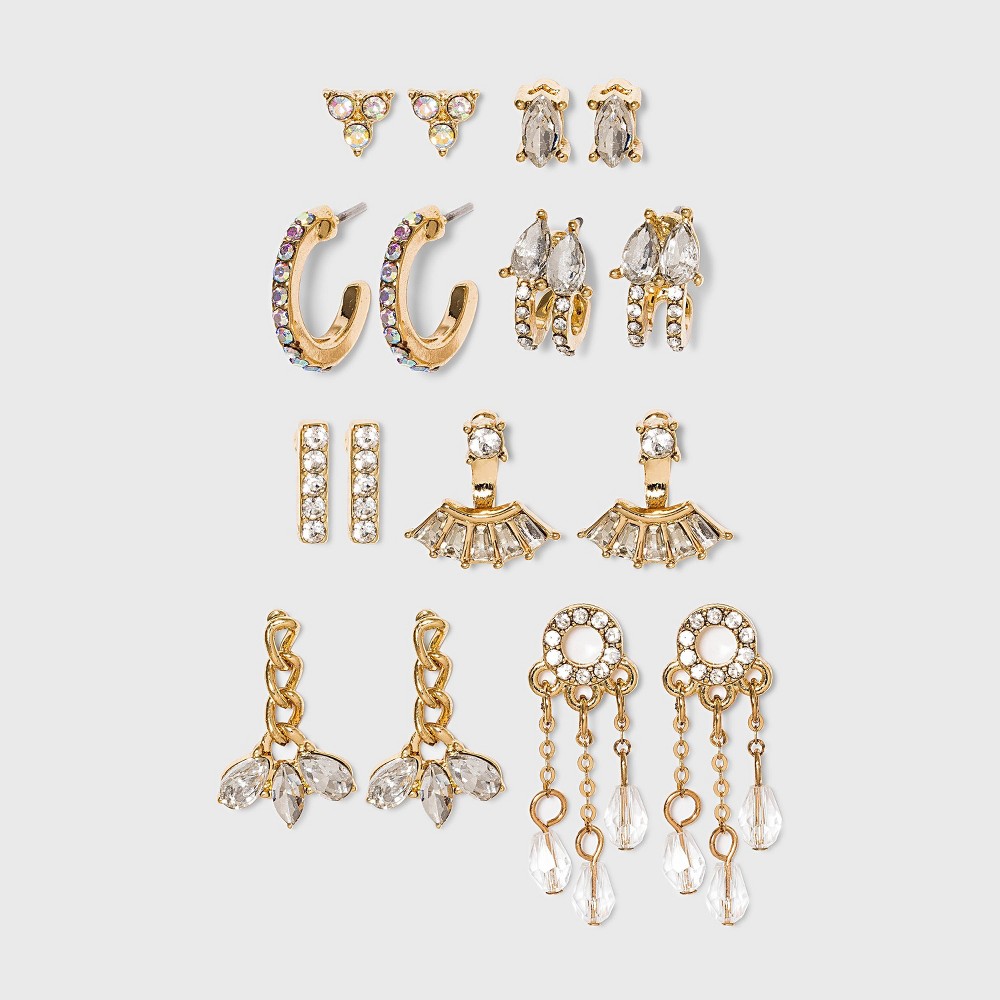 Photos - Earrings Crystal Mini Cuffs Hoops and Stud Earring Set 8pc - A New Day™ Gold