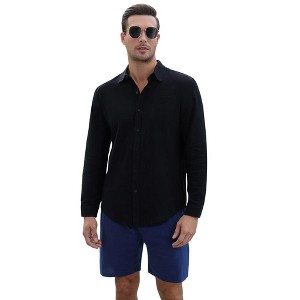 Men's Cotton Linen Sets 2 Piece Long Sleeve Beach Outfits Button Down Shirts and Shorts Casual Summer - 1 of 4