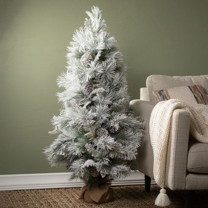 4.1' Sullivans Flocked Pine Tree In Burlap, Green Christmas Tree, 3 of 4