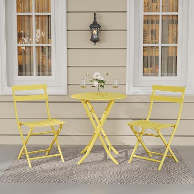 Jojoka 3-Piece Patio Bistro Set with Round Table & 2 Folding Chairs, Powder-Coated Iron Frame, Space-Saving and Portable, Yellow