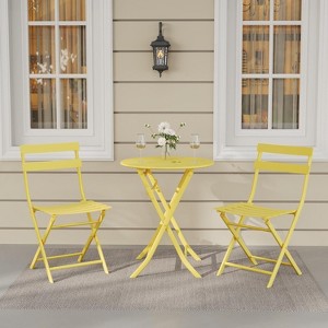 Jojoka 3-Piece Patio Bistro Set with Round Table & 2 Folding Chairs, Powder-Coated Iron Frame, Space-Saving and Portable, Yellow - 1 of 4