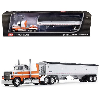 Ford LTL 9000 60" Aerodyne Sleeper with Wilson Pacesetter Grain Trailer Orange and White 1/64 Diecast Model by DCP/First Gear