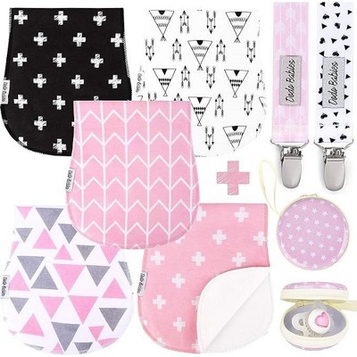 Dodo Babies 5-Pack Baby Burp Cloths - Soft Absorbent Cotton Burp Cloths - Includes Pacifier Case & 2 Pacifier Clips, Pink/Grey/Black
