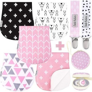 Dodo Babies 5-Pack Baby Burp Cloths - Soft Absorbent Cotton Burp Cloths - Includes Pacifier Case & 2 Pacifier Clips, Pink/Grey/Black - 1 of 4