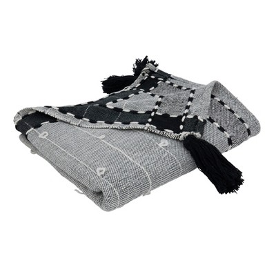 Black and White Cotton Acrylic Banded Border Tassel Throw Blanket