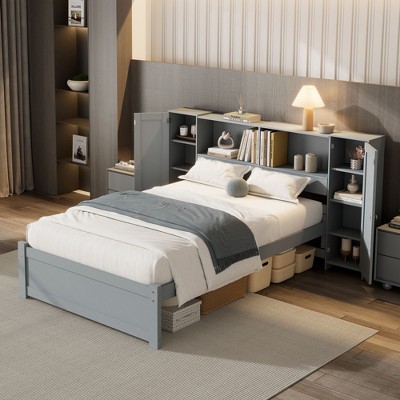 NicBex Twin Size Platform Bed 86.3 " L Modern Wooden Bed Frame with Storage Headboard and 2 Side Lockers for Bedroom, No Box Spring Required