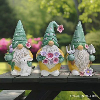 Set of Three 6" Green and Yellow Resin Gardening Gnome Figurines