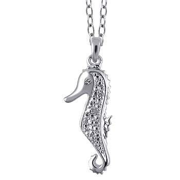 Women's Sterling Silver Accent Round-Cut White Diamond Pave Set Seahorse Pendant (18")
