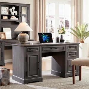 SinCiDo 58" Farmhouse Executive Desk, Embossed Texture Computer Desk with Drawers & Cabinet, Writing Table for Home Office - 1 of 4