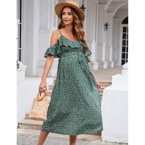 Women's Maternity Dress Floral Short Sleeve Spaghetti Strap Dress Ruffles V Neck A Line Flowy Nursing Dress with Belt Green Medium - 1 of 4