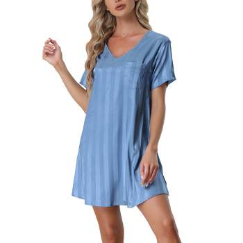 cheibear Women's Short Sleeve Striped Sleepwear Pajama Dress Nightgown
