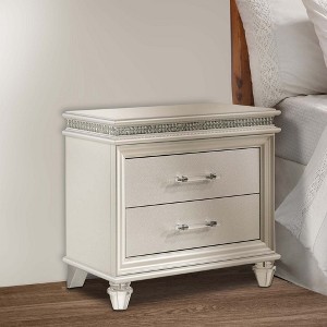 Royal Hampton 2 Drawer Nightstand with Acrylic Feet and Crystal Accents, Silver - 1 of 4
