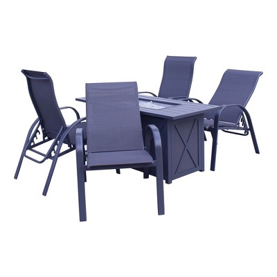 Courtyard Casual Santa Fe 5 pc Rectangle Fire Pit Set with Sling Reclining Chairs  Includes One Rectangle Fire Pit and Four Sling Reclining Chairs