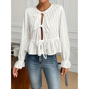 Women's Textured Long Sleeve Blouse Tie Front Ruffle Cuff Peplum Hem Casual Fashion Top - 1 of 4
