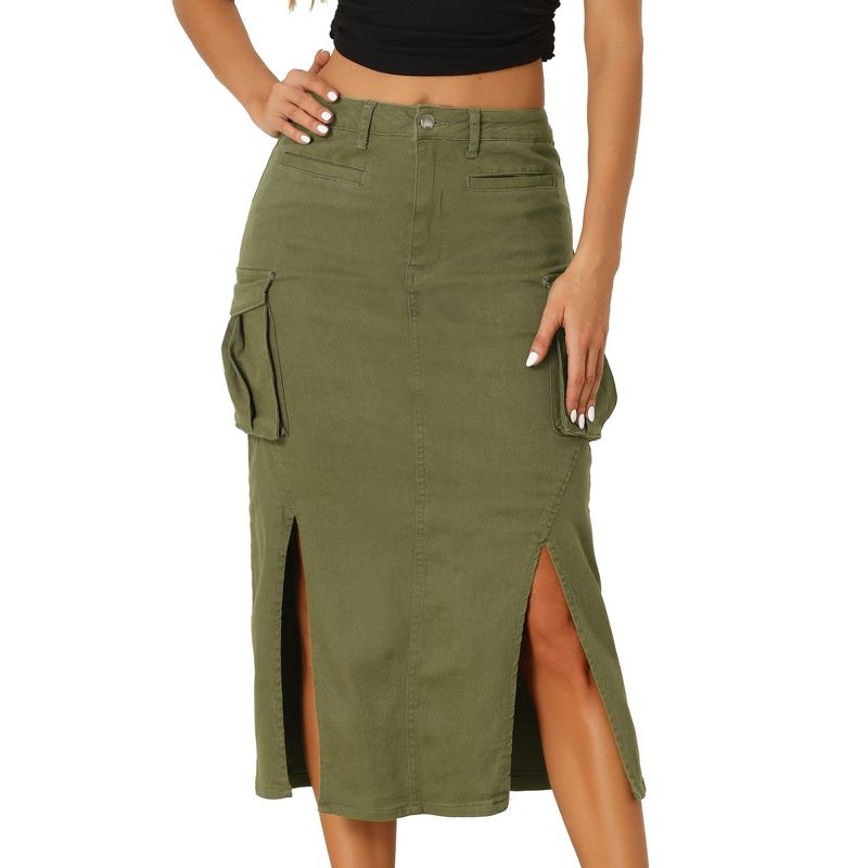 Allegra K Women's Denim Y2K Split Hem Midi Cargo Skirt with Pocket, 1 of 6