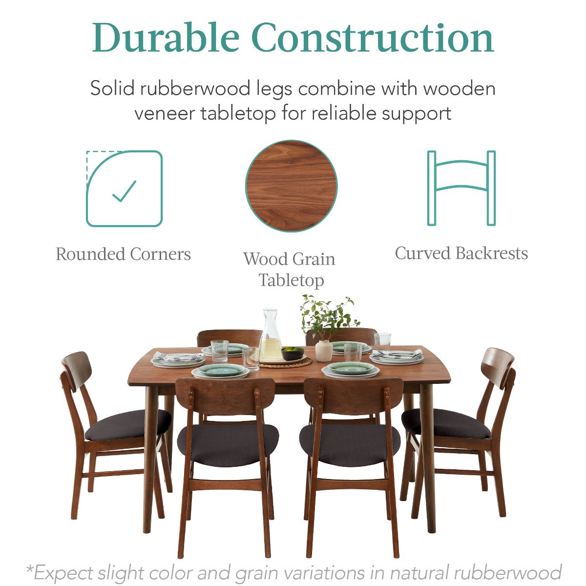 Best Choice Products 7-Piece Mid-Century Modern Upholstered Dining Set, Wooden Table w/ 6 Chairs - Walnut/Gray - thumbnail 4