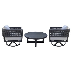 International Concepts 3pc Woven Abaca Rope Outdoor Patio Conversation Furniture Sets with Coffee Table & 2 Swivel Chairs: Aluminum Frame - 1 of 4