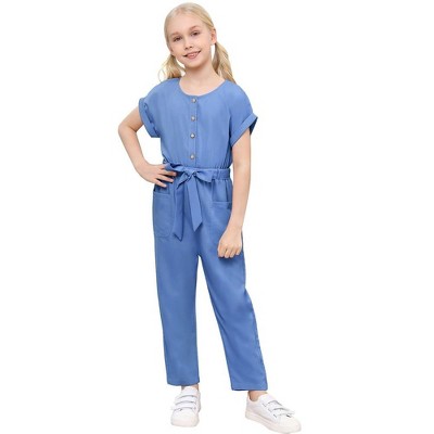 Girls Jumpsuits Front Button Cargo U Neck Jumpsuits with Pocket Short Sleeve Romper Long Pants,Khaki - 120
