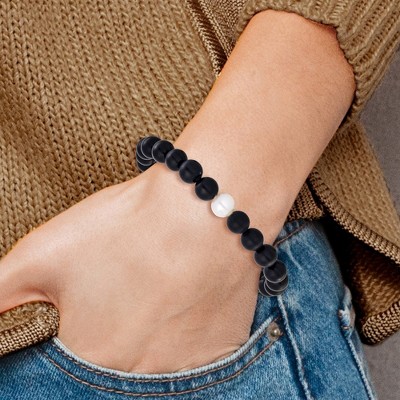 Chisel 8-9mm Black Agate and White Freshwater Cultured Pearl Beaded 7.25" Stretch Bracelet