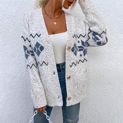 Women'S Christmas Snow crystal Sweater with Single-Breasted Design and Pocket