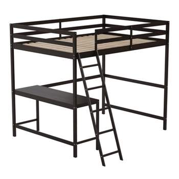 Emma and Oliver Full Wood Loft Bed Frame with Protective Guardrails and Integrated Desk and Ladder in Espresso for Use with Any 6-8" Thick Mattress