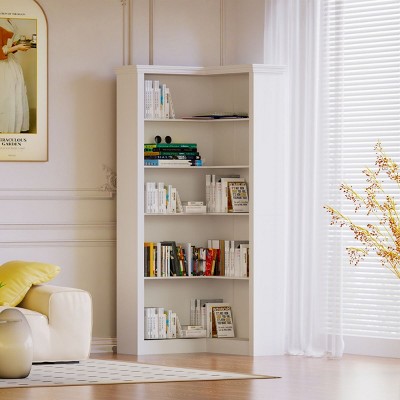 White 5-Tier Corner Bookshelf with Closed Back,Open Shelves & Space-Saving Storage for Living Room or Study-The Pop Home
