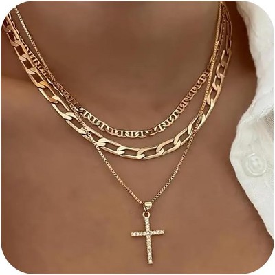HTUTWOO Cross Necklace for Women,Stackable Stacked Stacking Layering Layered Necklaces Dainty Necklace Flat Mariner Chain Necklace Simple Jewelry Gift