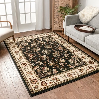 Black Floral Synthetic Rectangular Area Rug with Jute Backing