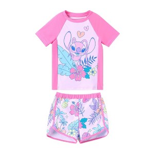 Disney Stitch Toddler Kids Girls Two Piece UPF 50+ Protection Quick-Dry Short Sleeve Swim Sets Rashguard Swimwear Set Bathing Suit - 1 of 1