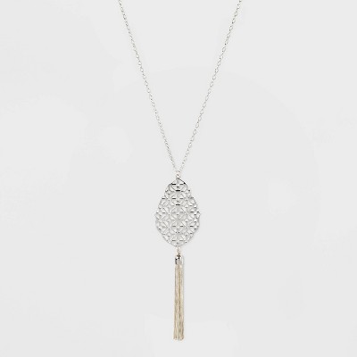 Tassel Filigree Pendant Long Necklace - A New Day™ Silver