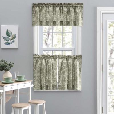 Sage Green Cotton Polyester Leaf Pattern Window Curtain Tiers 56"x36"