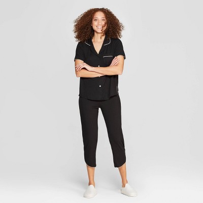 Women's Beautifully Soft Notch Collar Cropped Pajama Set - Stars Above™ Black XL
