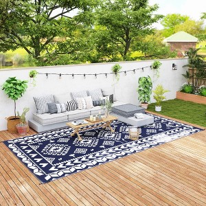 Outsunny Outdoor Patio Rug, Large Camping Carpet with Carrying Bag, 9' x 18' Waterproof Plastic Straw, Reversible, Blue & White Rhombus Patchwork - 1 of 4