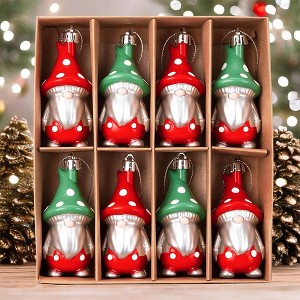 8pc Red and Green Polka Dot Christmas Folksy Gnome Ornament Set, Shatterproof Tree Gnomies| OrnamentallyYou - 1 of 4