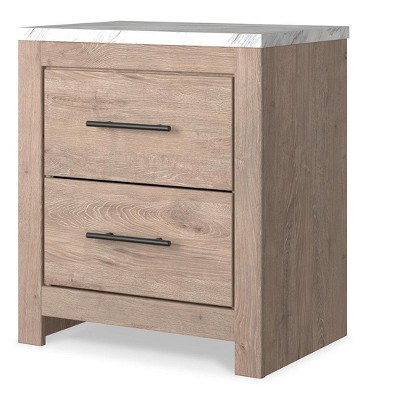 Light Brown and White Faux Marble Top 2-Drawer Nightstand