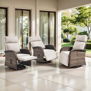 Belord Outdoor Swivel Recliner Chairs Set of 3, Brown Wicker Recliner Patio Swivel Chair with Adjustable Reclining Back and Lifting Footrest - 1 of 4