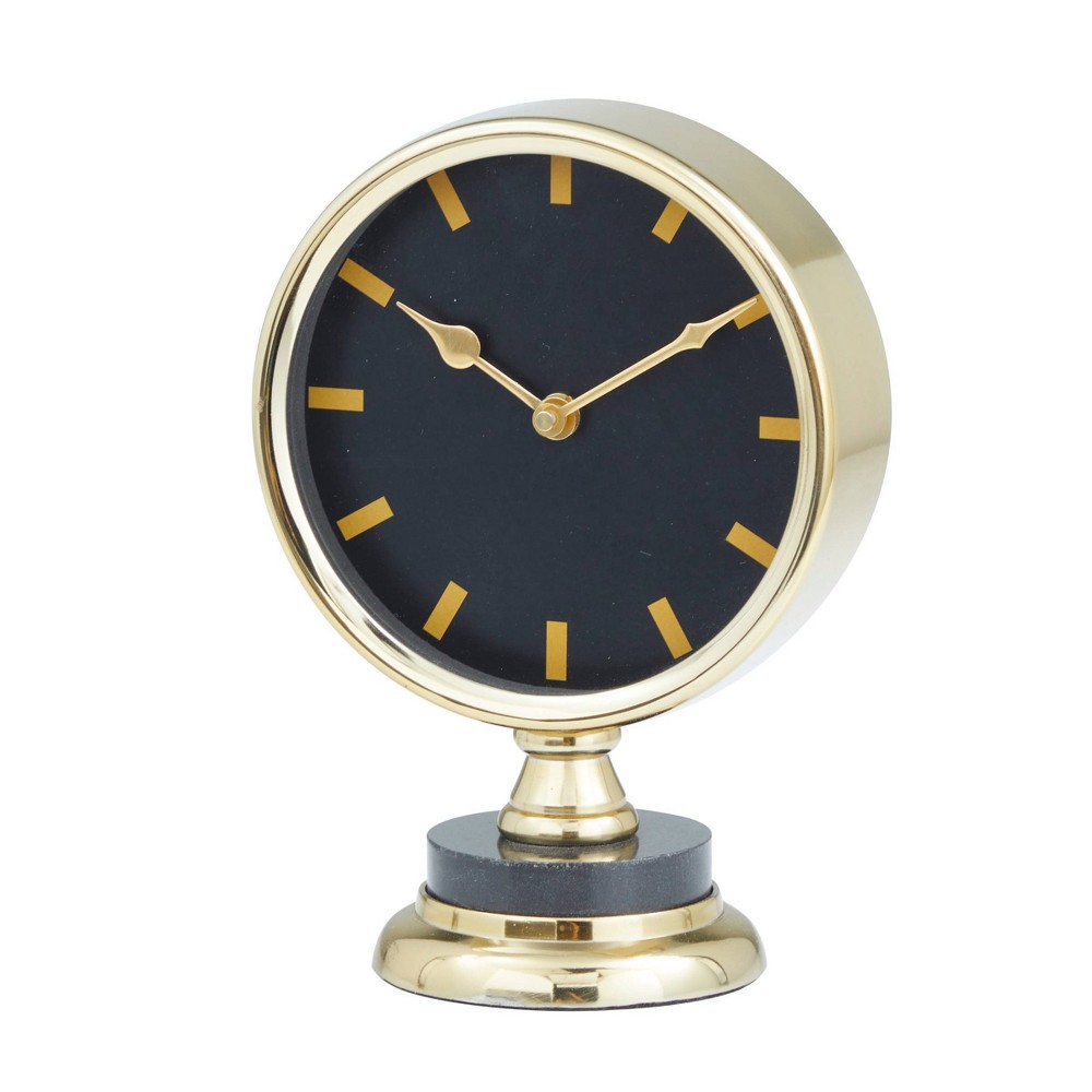 Olivia & May 9"X6" Stainless Steel Metal Minimalistic Decorative Clock with Numberless Black Clockface and Marble Detail Gold