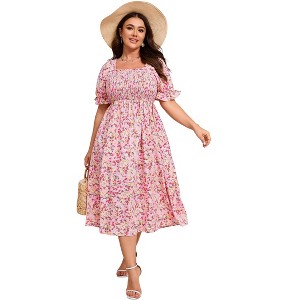 Womens Puff Sleeve Summer Floral Dress Plus Size Smocked Ruffle Square Neck Casual Dress Cute Midi Dress Pink2 Flower 3XL - 1 of 4