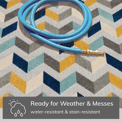 Blue and Yellow Geometric High Pile Outdoor Area Rug