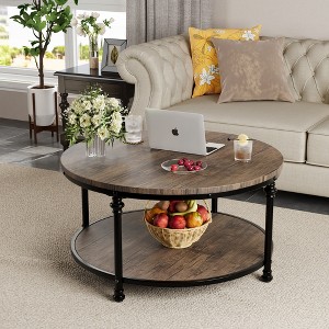 2-Tier Round Wood Coffee Table with Storage Shelf & Roman Column Metal Frame - 1 of 4