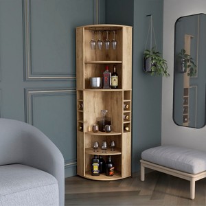 Vynxaria Oban Corner Bar Cabinet with Five Shelves , Eight Bottle Cubbies and Steamware Macadamia - 1 of 4
