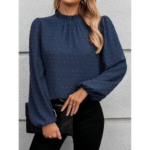 Women's Swiss Dot Ruffled Neck Blouse, Long Sleeve Casual Loose