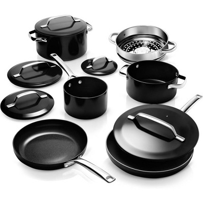 Modern Black 11-Piece Aluminum and Stainless Steel Nonstick Cookware Set